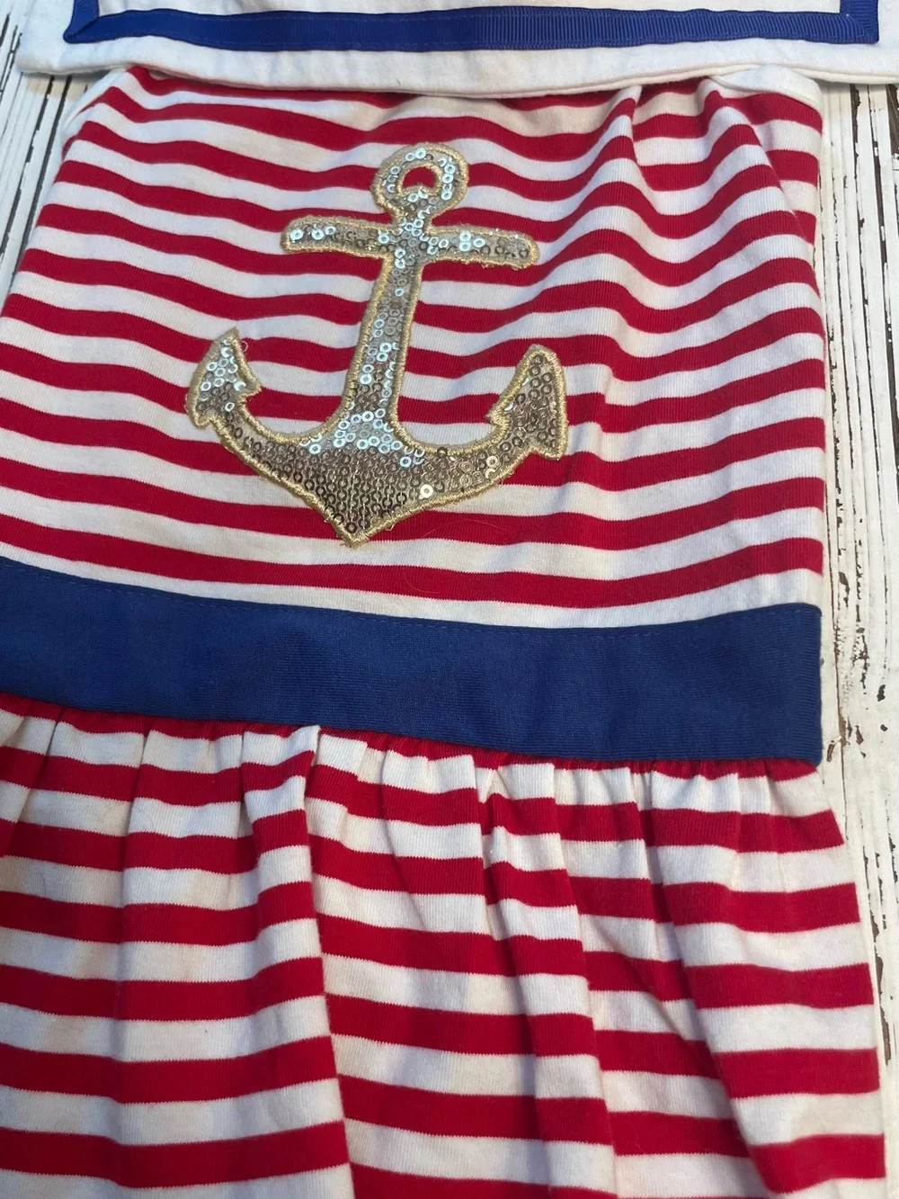 Nautical Red & White Striped Dog Dress with Gold Anchor